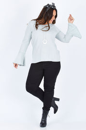 Model Stacey wearing size 12 of The Bell Sleeve Top in colour Grey (Grey), from the front, showing the whole outfit