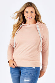 Model Fiona wearing size 16 of The Tie Detail Hoody in colour Pink (Black), from the front, cropped image