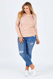Model Fiona wearing size 16 of The Tie Detail Hoody in colour Pink (Black), from the front, showing the whole outfit