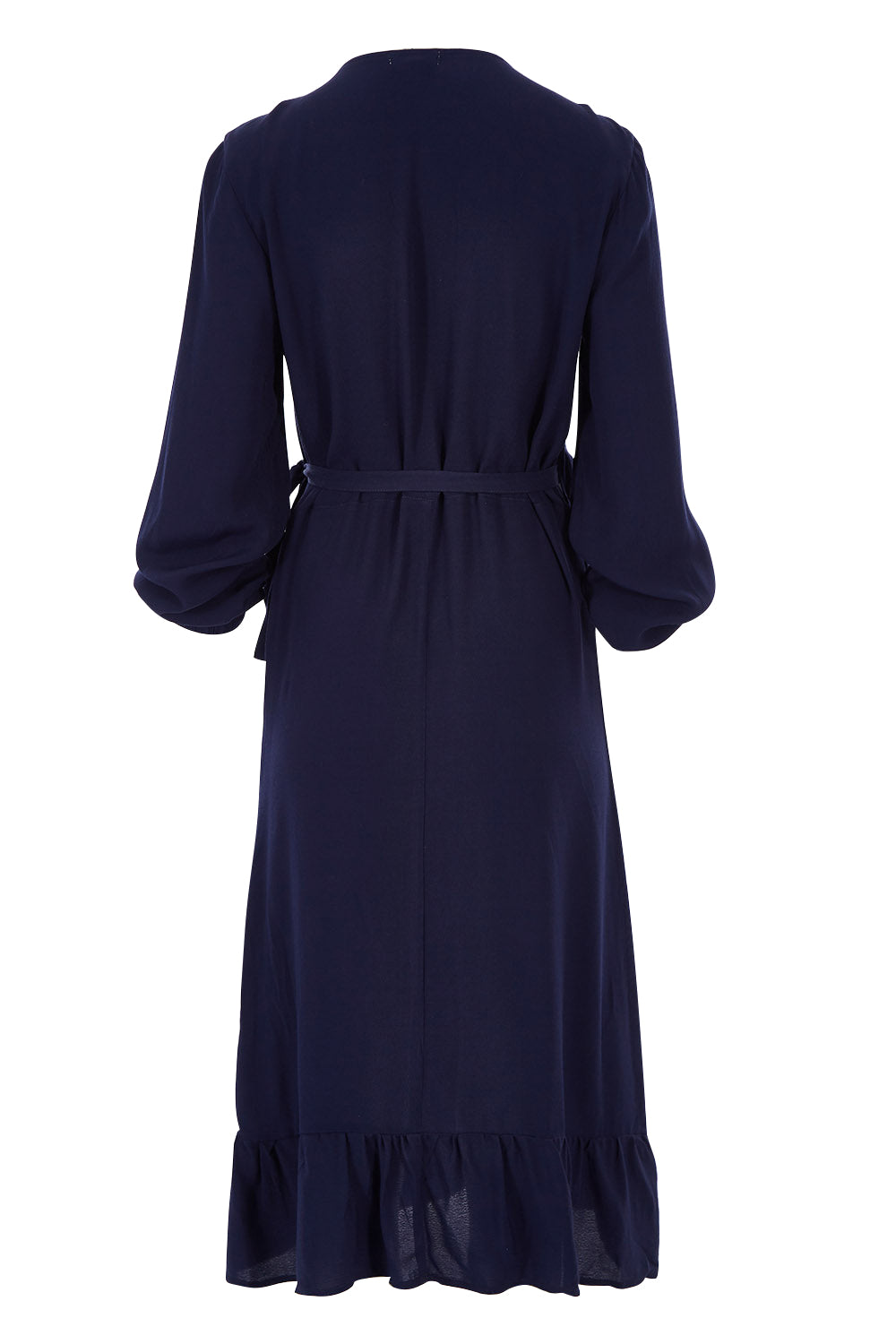 Product shot of The Midi Wrap Dress in colour Navy (Black), from the back