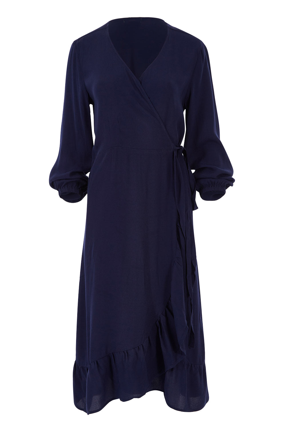 Product shot of The Midi Wrap Dress in colour Navy (Black), from the front