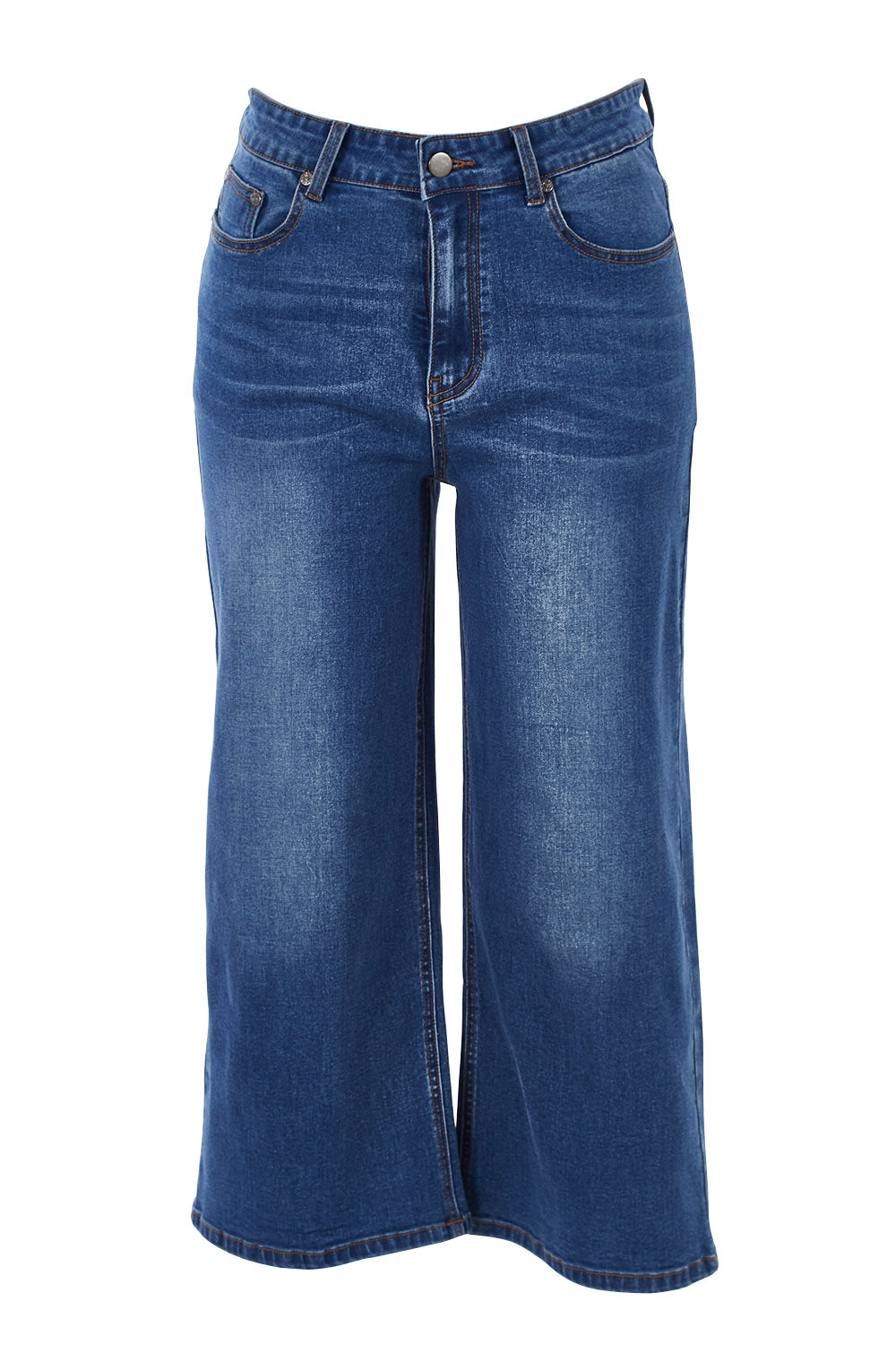 Product shot of The Wide Leg Jean in colour Denim (Blue), from the front