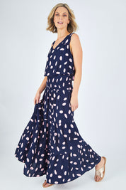 Model Chelsea wearing size 10 of The Overlay Maxi Dress in colour Spotprint (Blue), from the front, showing the whole outfit