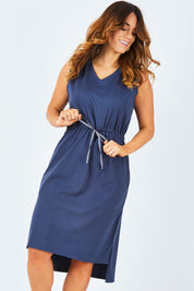 Model Laura wearing size 14 of The Cotton Drawstring Dress in colour Navy (Blue), from the front, cropped image
