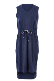 Product shot of The Cotton Drawstring Dress in colour Navy (Blue), from the front
