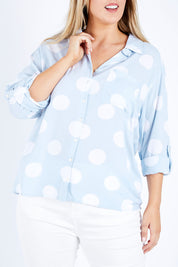 Model Jess wearing size 14 of The Relax Spot Shirt in colour Chambspot (Blue), from the front, cropped image