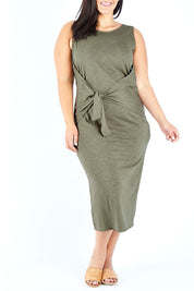 Model Lauren wearing size 16 of The Tie Waist Tank Dress in colour Khaki (Green), from the front, cropped image