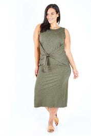 Model Lauren wearing size 16 of The Tie Waist Tank Dress in colour Khaki (Green), from the front, showing the whole outfit