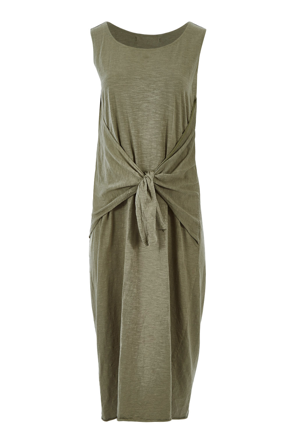 Product shot of The Tie Waist Tank Dress in colour Khaki (Green), from the front