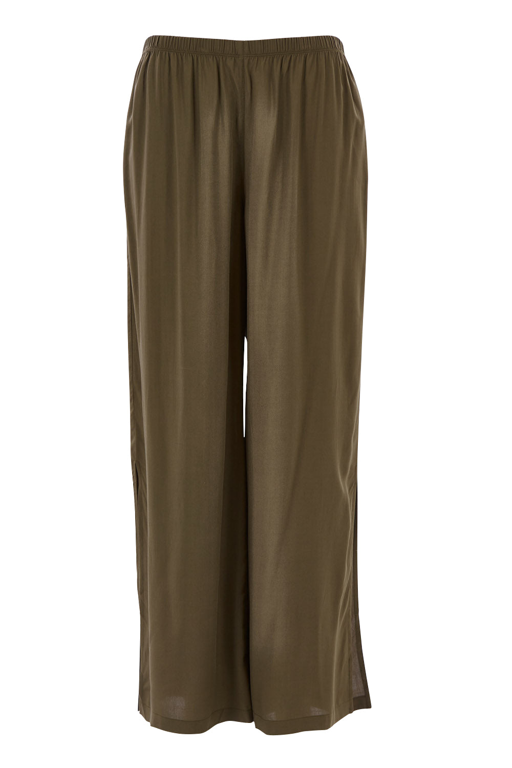 Product shot of The Tie Split Pull On Pant in colour Khaki (Green), from the front