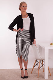 A model wearing The Contrast Striped Skirt in colour BlackWhite (Black), from the front, showing the whole outfit