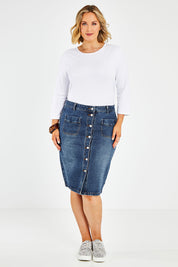 Model Jess wearing size 14 of The Midi Button Up Skirt in colour Darkdenim (Blue), from the front, showing the whole outfit