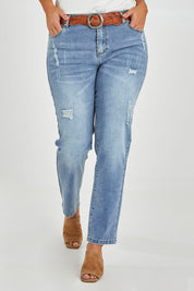 Model Monique wearing size 14 of The Distressed Boyfriend Slim Leg Jean in colour Blue (Blue), from the front, cropped image