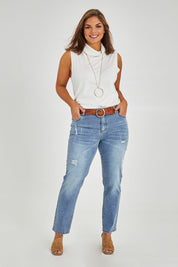 Model Monique wearing size 14 of The Distressed Boyfriend Slim Leg Jean in colour Blue (Blue), from the front, showing the whole outfit