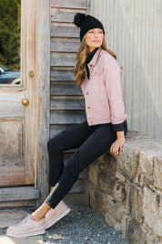 Model Amanda wearing size 8 of The Distressed Boyfriend Jean in colour Black (Black), from the front, showing the whole outfit