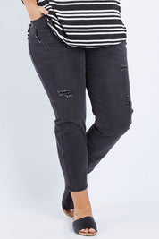 Model Fiona wearing size 16 of The Distressed Boyfriend Jean in colour Black (Black), from the front, cropped image