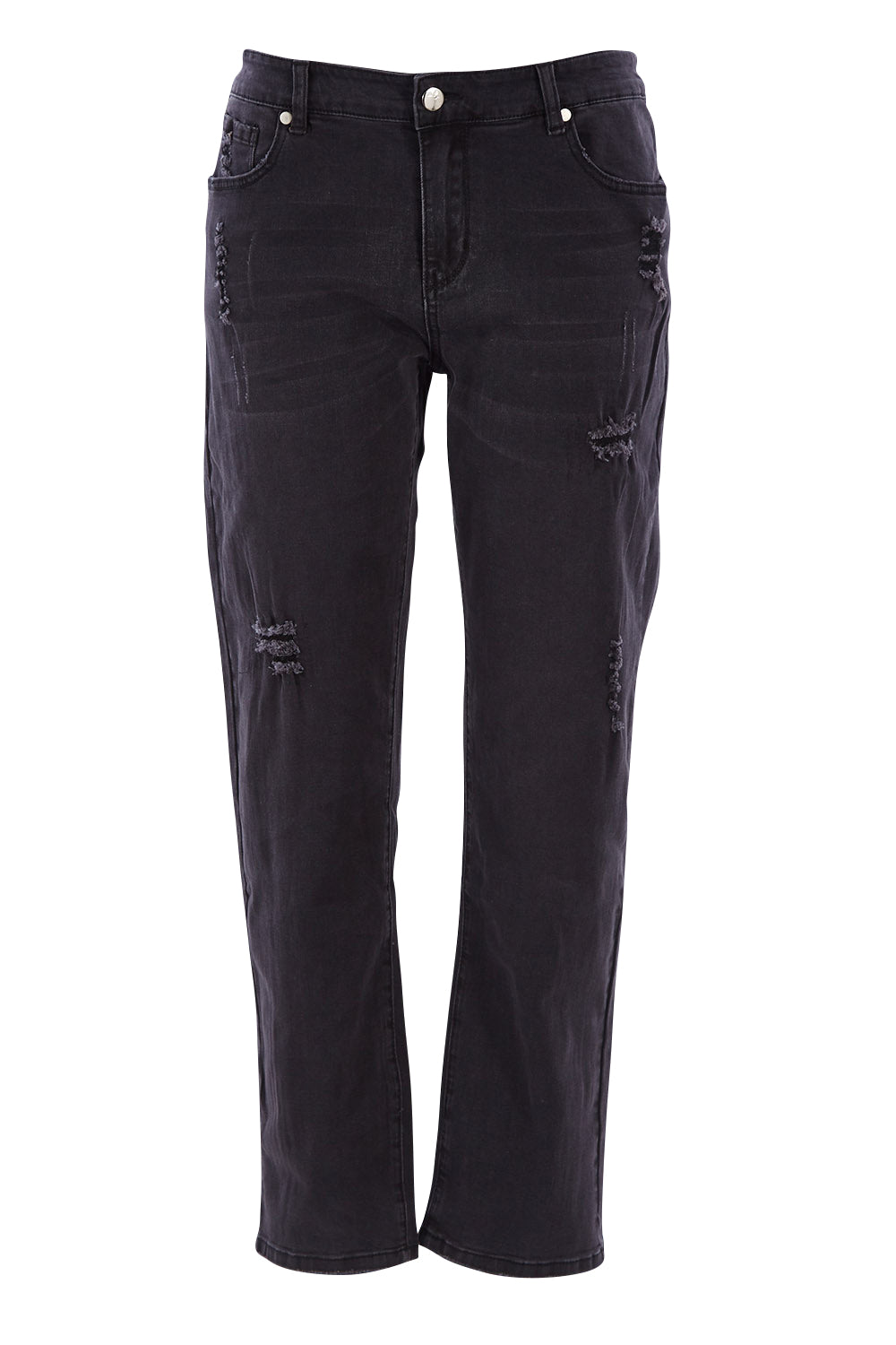 Product shot of The Distressed Boyfriend Jean in colour Black (Black), from the front