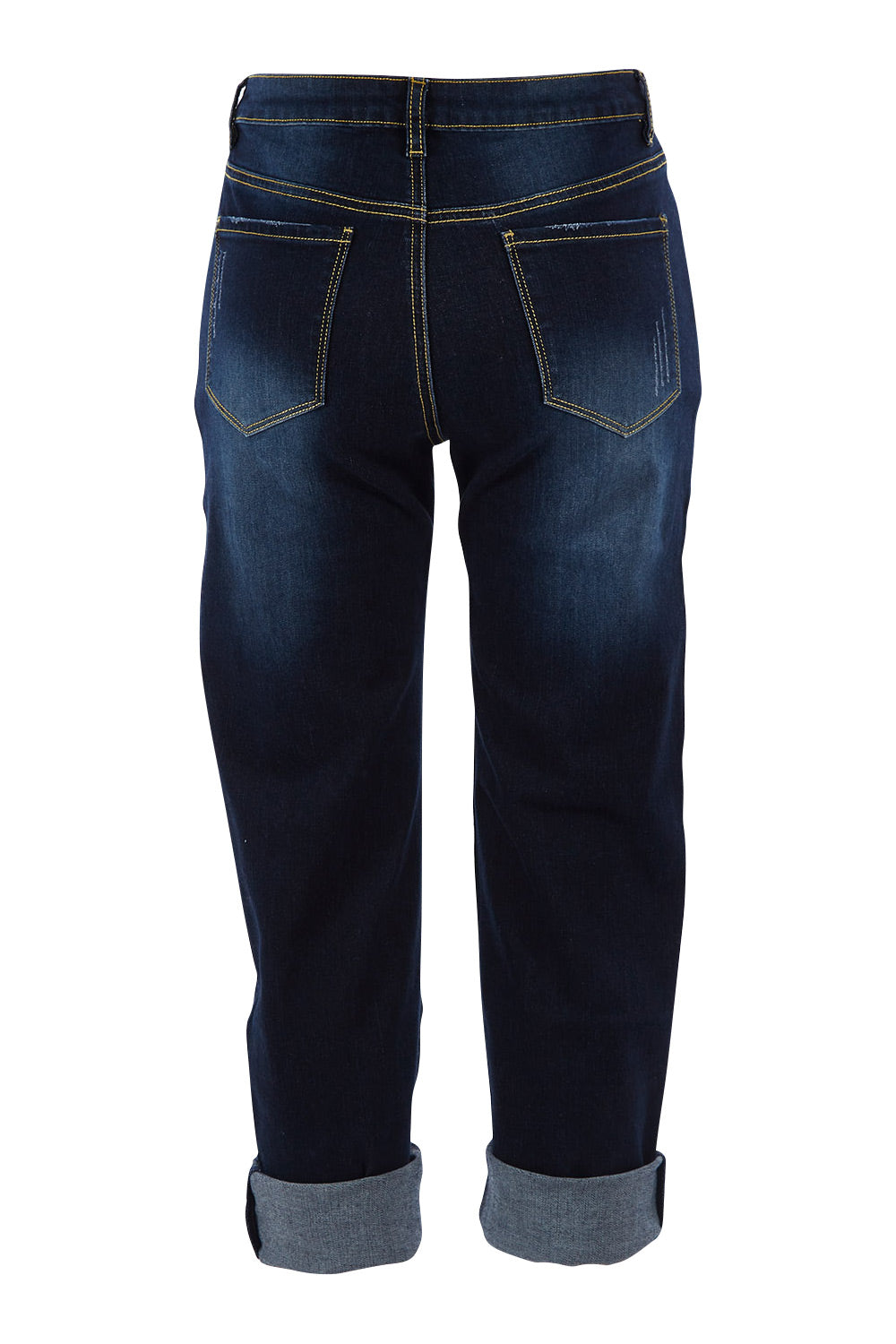 Product shot of The Distressed Boyfriend Jean in colour Darkdenim (Blue), from the back