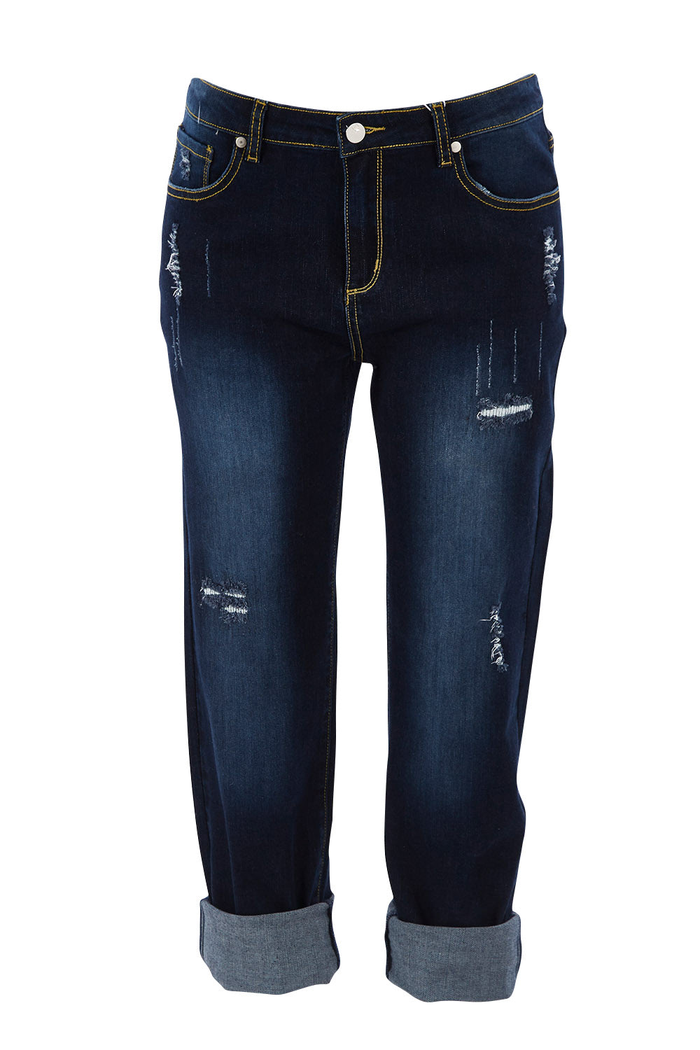 Product shot of The Distressed Boyfriend Jean in colour Darkdenim (Blue), from the front