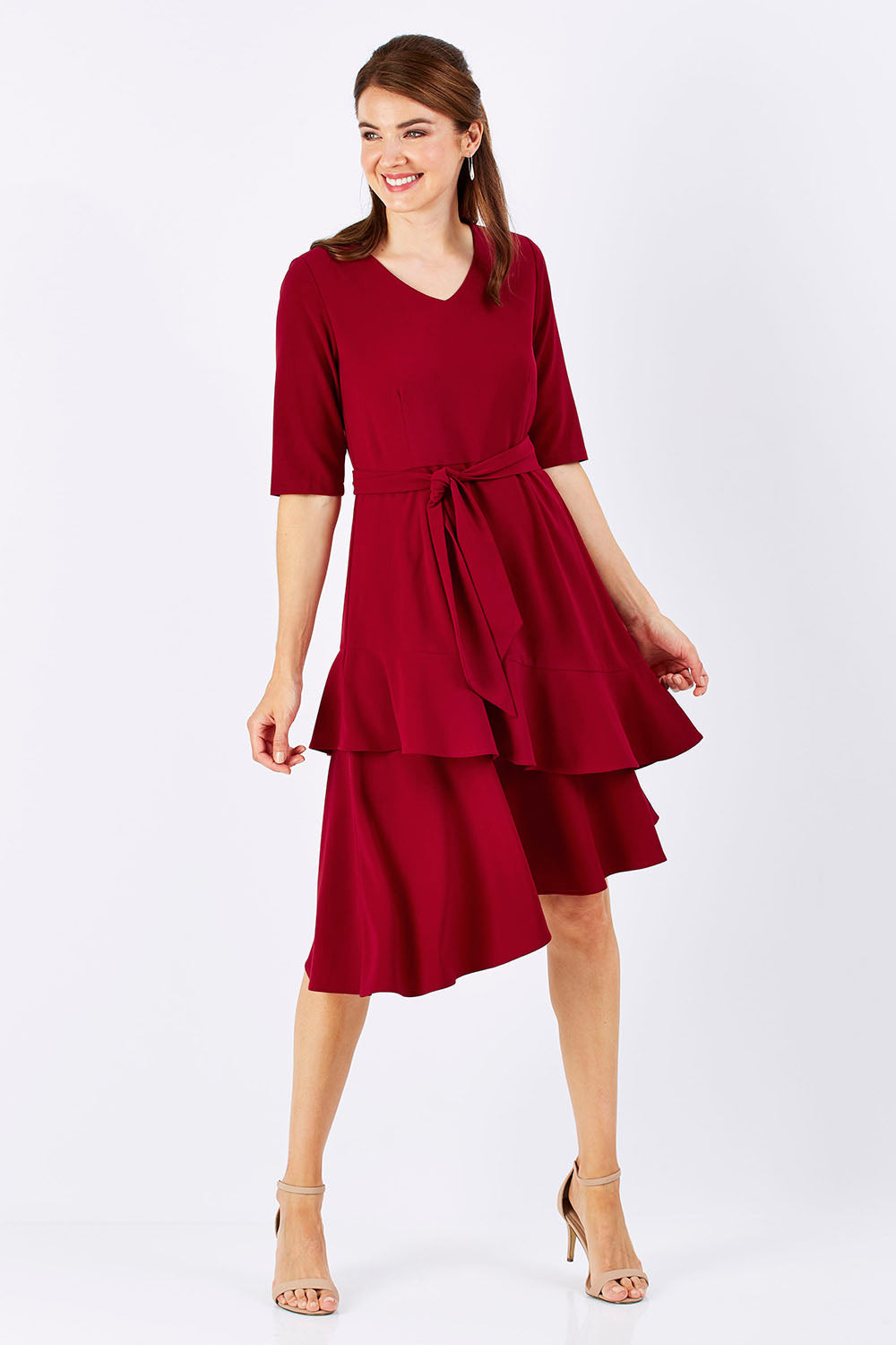 Model Rebecca wearing size 10 of The Layer Midi Dress in colour DeepRed (Red), from the front, showing the whole outfit