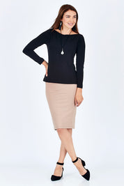 Model Rebecca wearing size 10 of The Boat Neck Top in colour Black (Black), from the front, showing the whole outfit