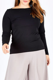 Model Sophie wearing size 14 of The Boat Neck Top in colour Black (Black), from the front, cropped image