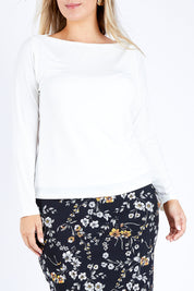 Model Jess wearing size 14 of The Boat Neck Top in colour Ivory (White), from the front, cropped image