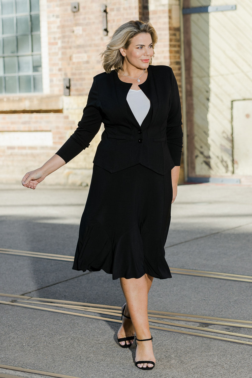 Model Fiona wearing size 16 of The Define Ponte Jacket in colour Black (Black), from the front, showing the whole outfit