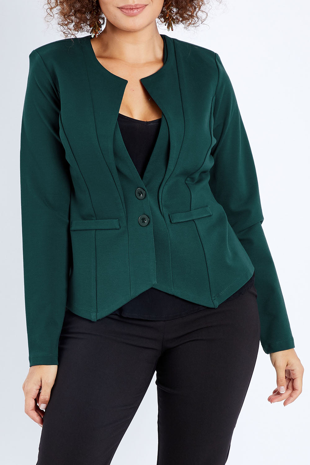 Model Lala wearing size 10 of The Define Ponte Jacket in colour Darkgreen (Green), from the front, cropped image