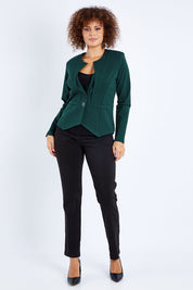 Model Lala wearing size 10 of The Define Ponte Jacket in colour Darkgreen (Green), from the front, showing the whole outfit