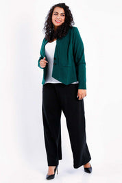 Model Sasha-Lee wearing size 16 of The Define Ponte Jacket in colour Darkgreen (Green), from the front, showing the whole outfit