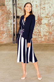 Model Cara wearing size 10 of The Define Ponte Jacket in colour Deepnavy (Blue), from the front, showing the whole outfit
