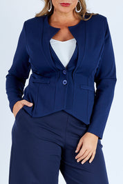 Model Fiona wearing size 16 of The Define Ponte Jacket in colour Deepnavy (Blue), from the front, cropped image