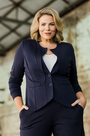 Model Fiona wearing size 16 of The Define Ponte Jacket in colour Deepnavy (Blue), from the front, showing the whole outfit