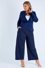 Model Fiona wearing size 16 of The Define Ponte Jacket in colour Deepnavy (Blue), from the front, showing the whole outfit
