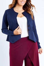 Model Laura wearing size 14 of The Define Ponte Jacket in colour Deepnavy (Blue), from the front, cropped image