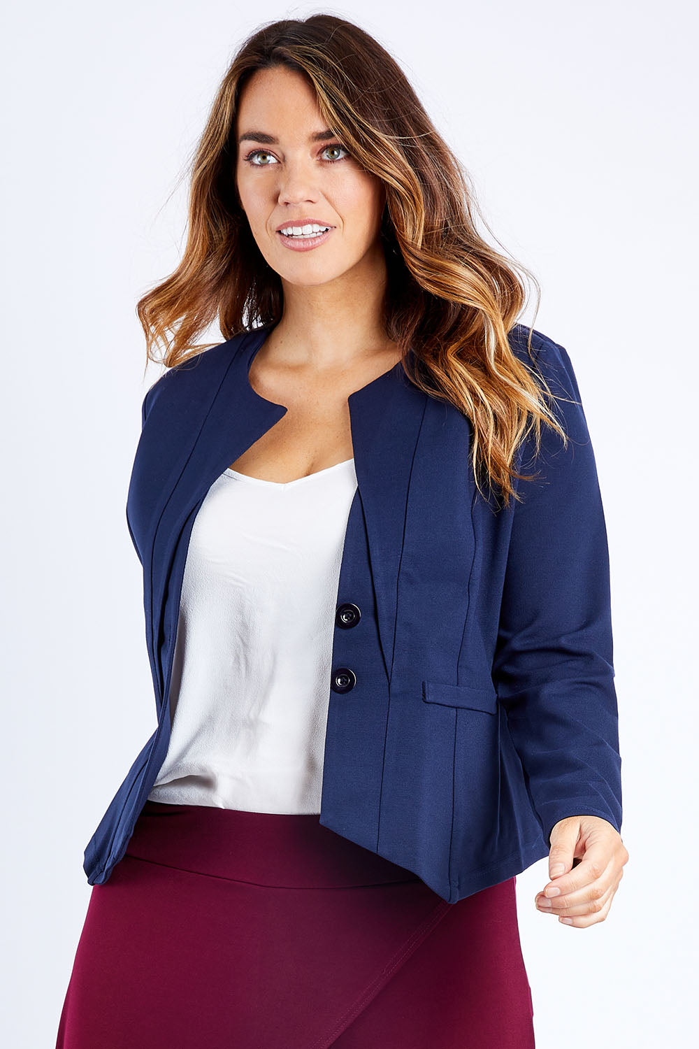 Model Laura wearing size 14 of The Define Ponte Jacket in colour Deepnavy (Blue), from the front, cropped image
