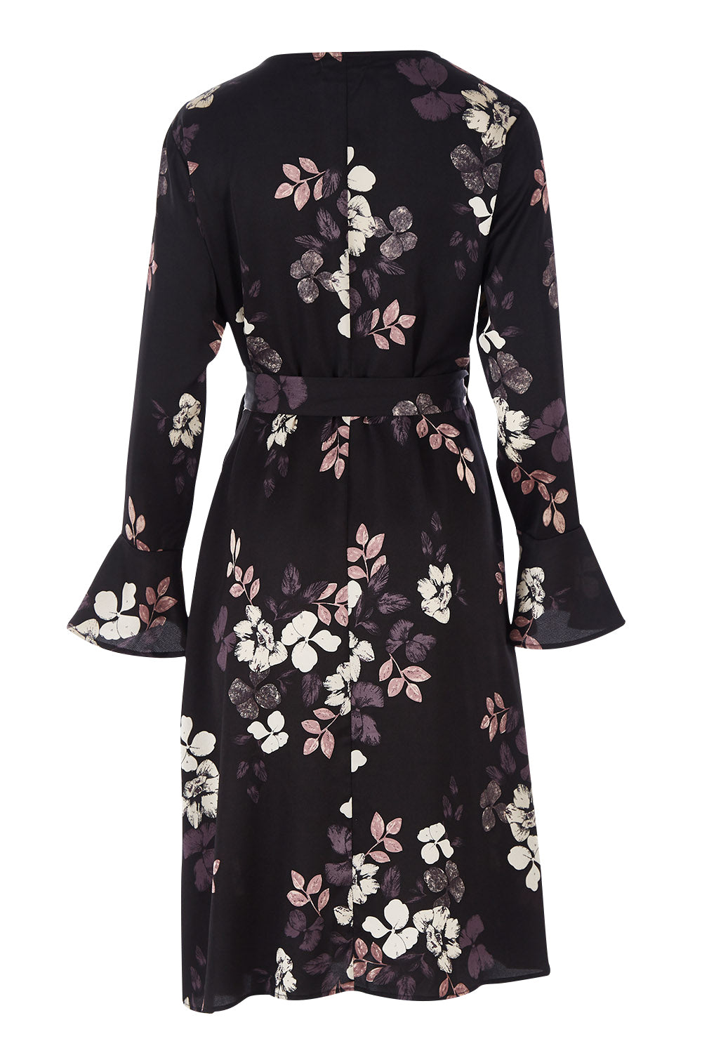 Product shot of The Define Printed Wrap Dress in colour Floral (Black), from the back