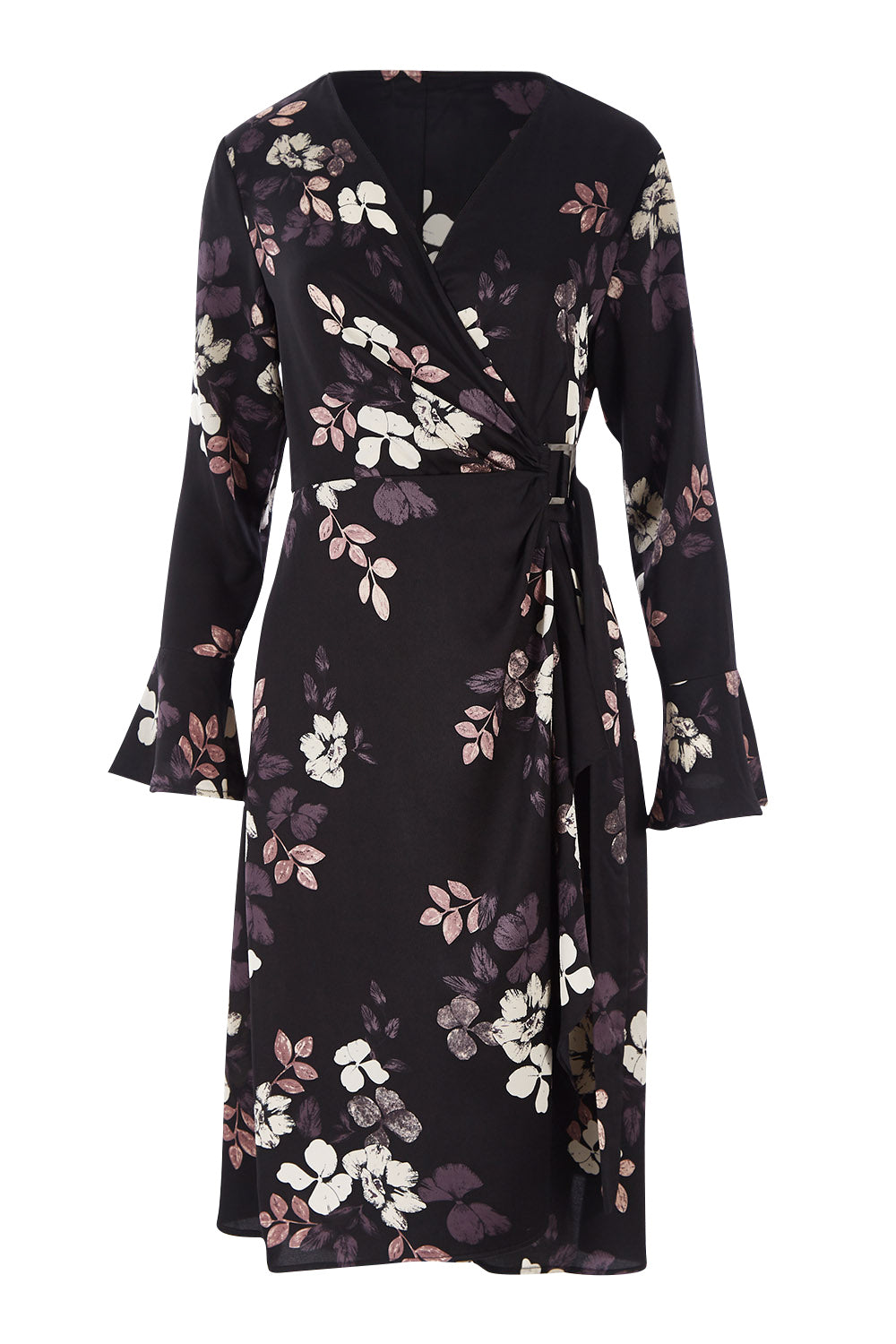 Product shot of The Define Printed Wrap Dress in colour Floral (Black), from the front