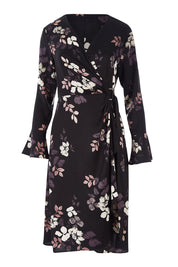 Product shot of The Define Printed Wrap Dress in colour Floral (Black), from the front