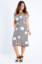 Model Laura wearing size 14 of The Cotton Blend Button Front Dress in colour Spotstripe (Black), from the front, showing the whole outfit