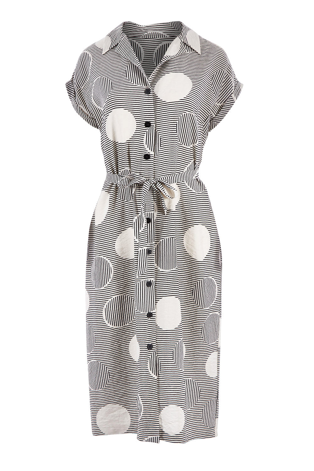 Product shot of The Cotton Blend Button Front Dress in colour Spotstripe (Black), from the front