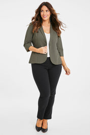 Model Laura wearing size 14 of The Contrast Inner Cuff Blazer in colour Khaki (Green), from the front, showing the whole outfit