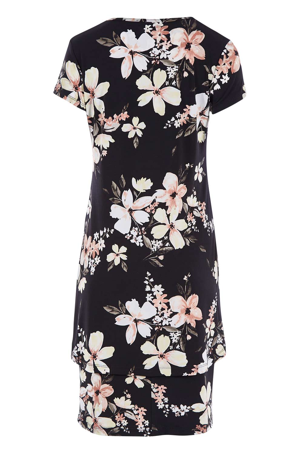Product shot of The Printed Short Sleeve Rita Dress in colour Pinkfleur (Black), from the back