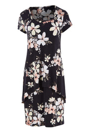 Product shot of The Printed Short Sleeve Rita Dress in colour Pinkfleur (Black), from the front