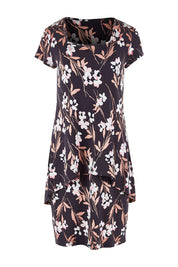 Product shot of The Printed Short Sleeve Rita Dress in colour Blooms (Grey), from the front