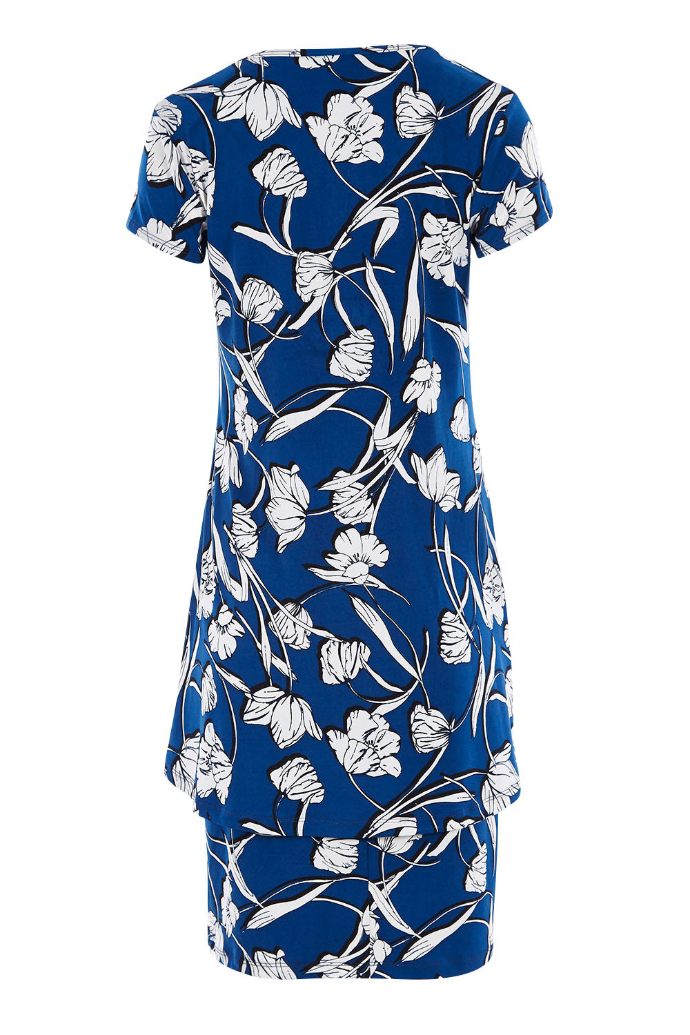 Product shot of The Printed Short Sleeve Rita Dress in colour Floral (Blue), from the back