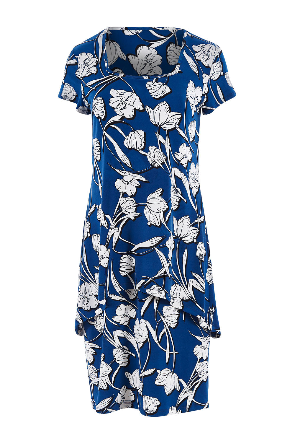 Product shot of The Printed Short Sleeve Rita Dress in colour Floral (Blue), from the front