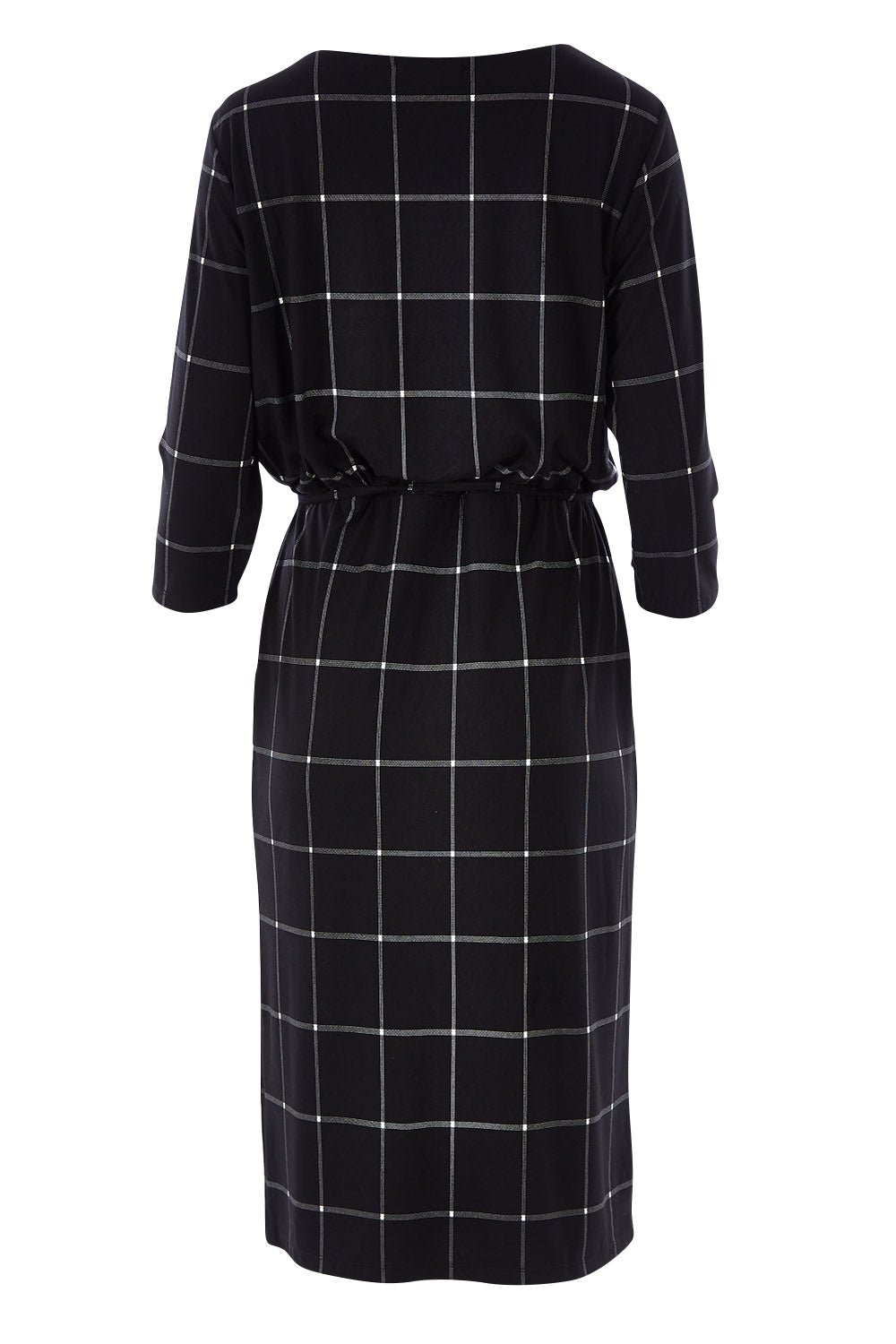 Product shot of The Lined Jersey Dress in colour Checks (Black), from the back