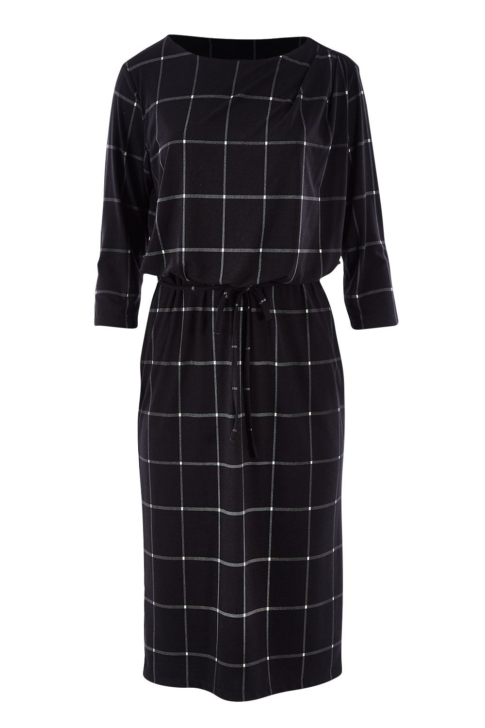 Product shot of The Lined Jersey Dress in colour Checks (Black), from the front